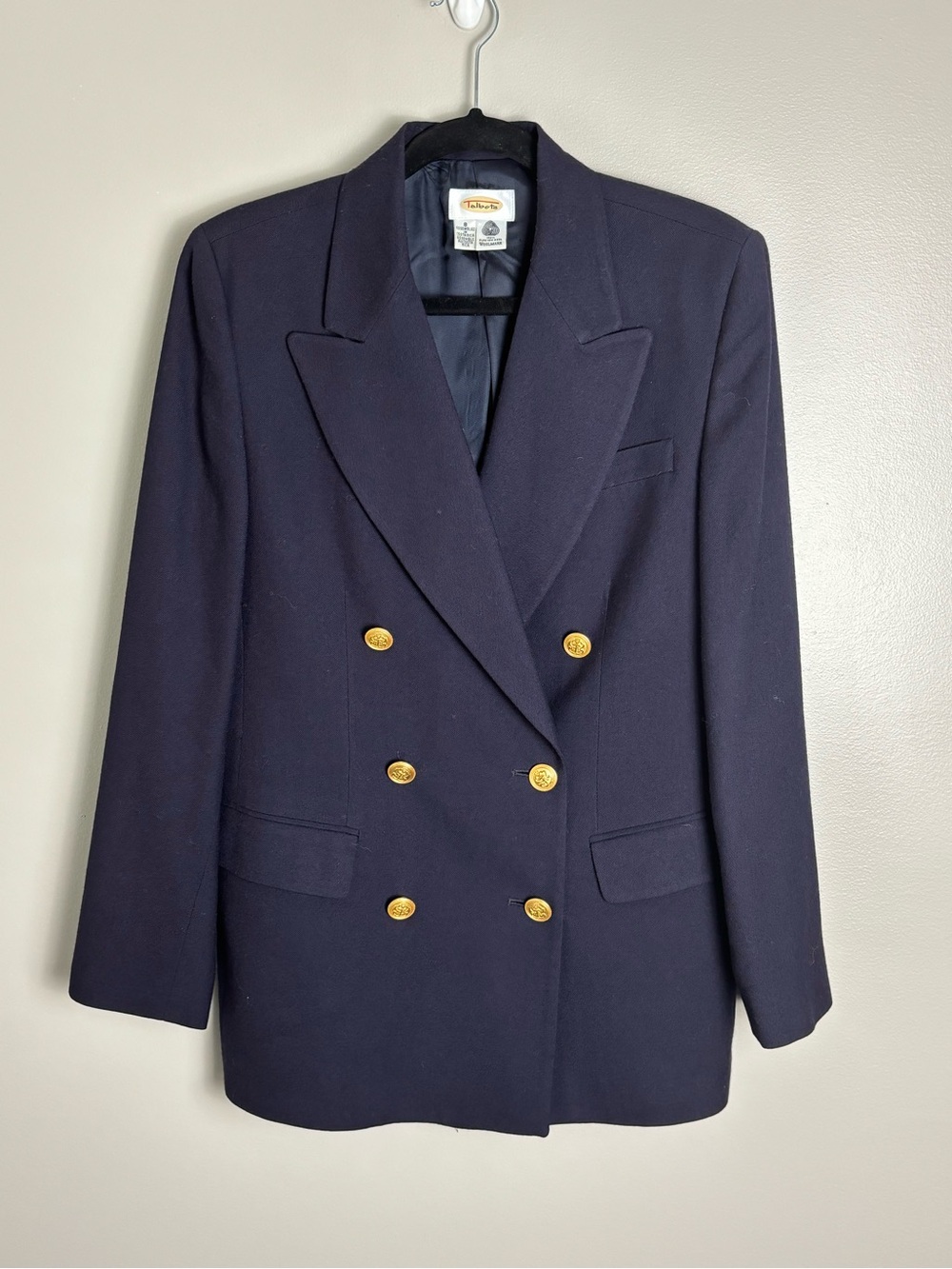 Talbots Navy Vintage 100% Wool Double-Breasted Blazer with Gold Buttons Size 8